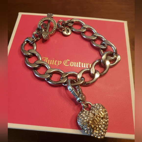 Juicy Couture Silver Tone Rhinestone Heart Toggle Bracelet - Picture 2 of 9